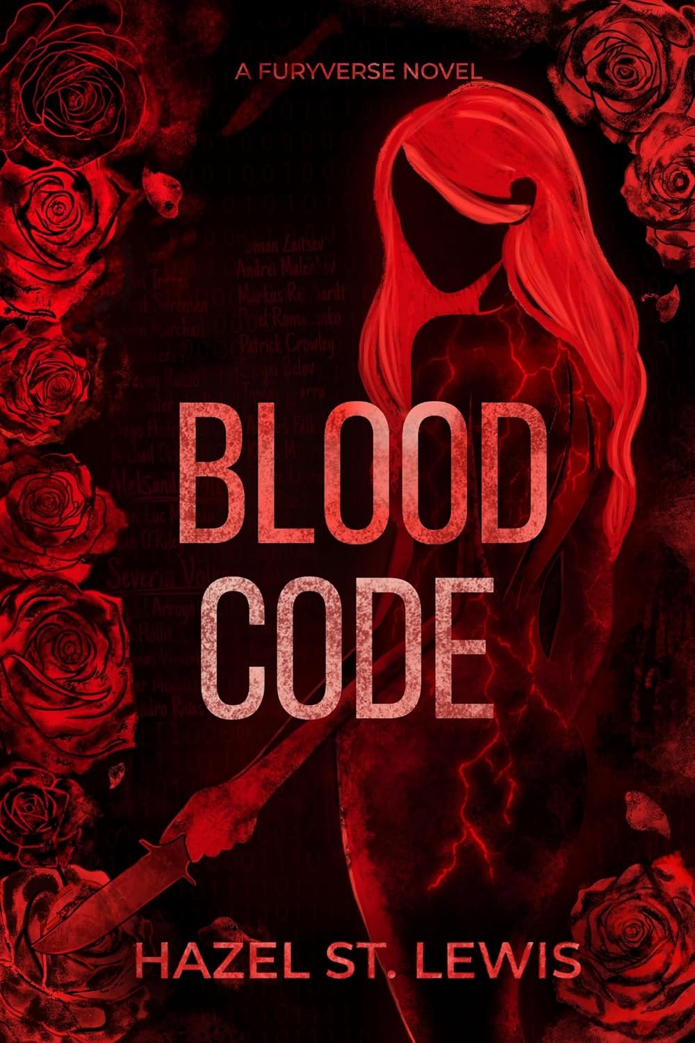 Blood Code by Hazel St. Lewis. A faceless figure in red holds a bloodied knife, framed by dark roses.